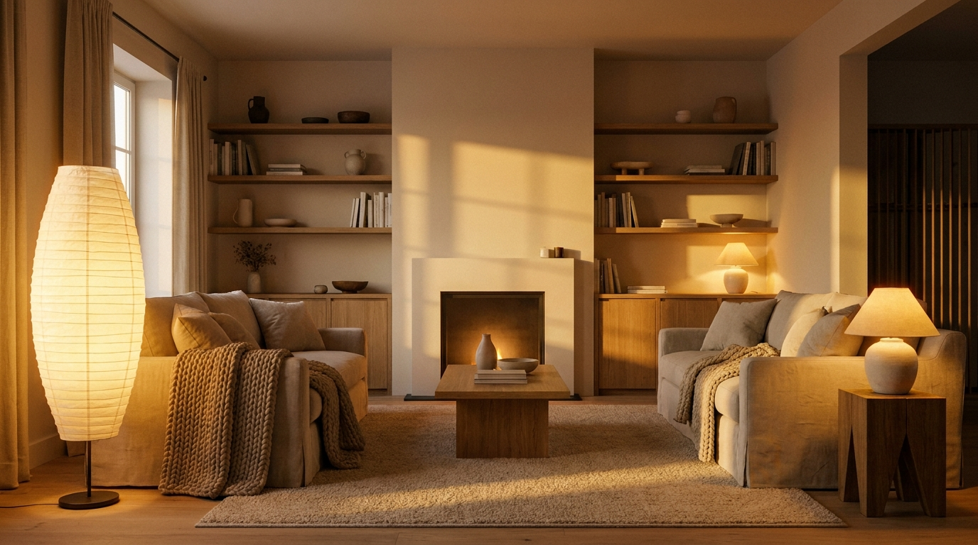 Cozy warm living room at dusk with a glowing hearth — Hearthly